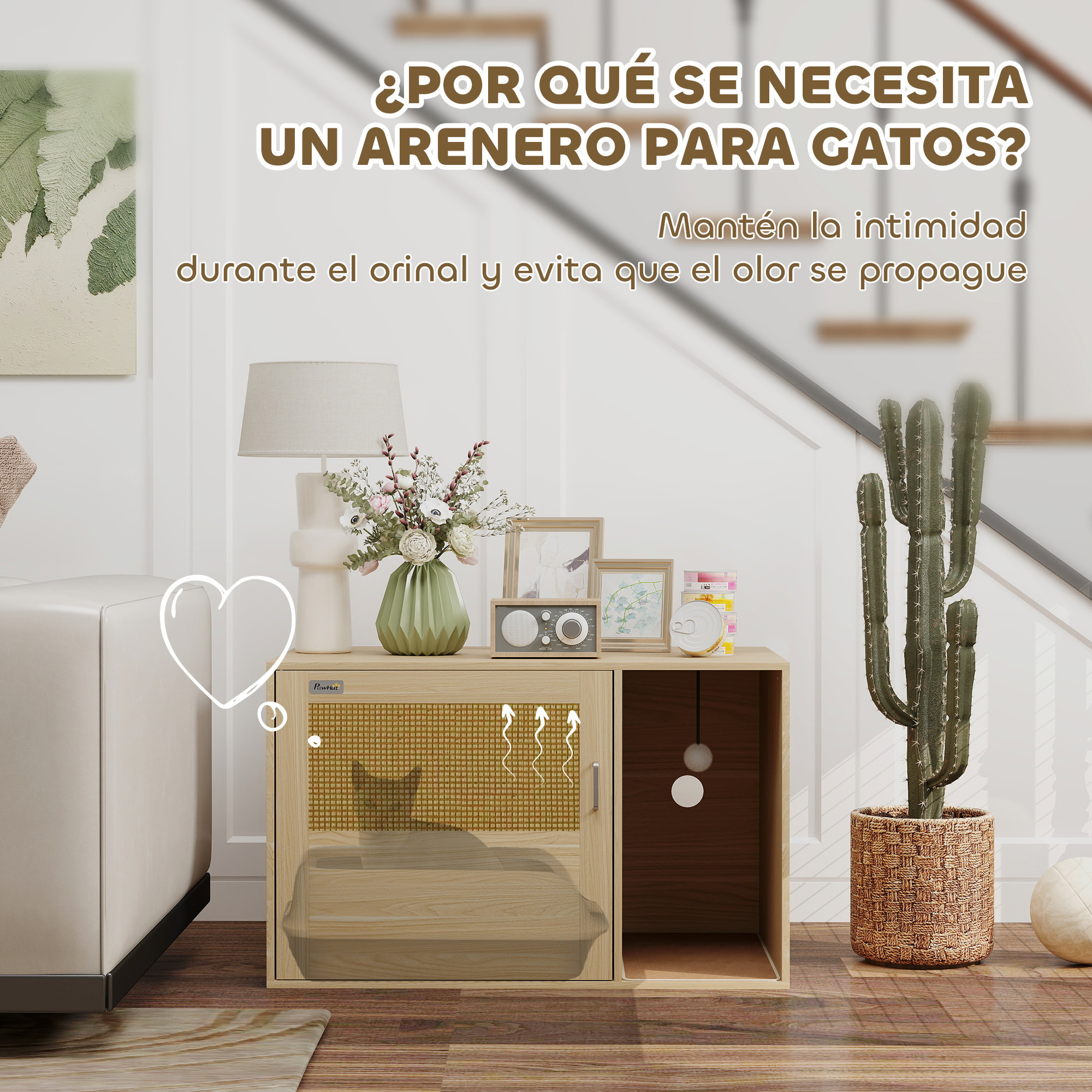 Mueble Arenero para Gatos, Caja de Arena para Gatos con Almohadilla para Rascar y Puerta de Ratán, Mesa Auxiliar para Salón, Dormitorio, 80x50x50 cm, Roble