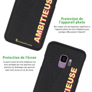 Coque Samsung Galaxy S9 effet cuir grainé noir Ambitieuse jaune et fushia Design La Coque Francaise