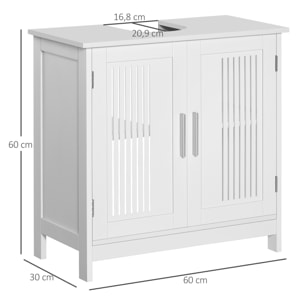 Meuble vasque - meuble sous-vasque - 2 portes rainurées avec étagère réglable - poignées alliage aluminium - dim. 60L x 30l x 60H cm - MDF blanc