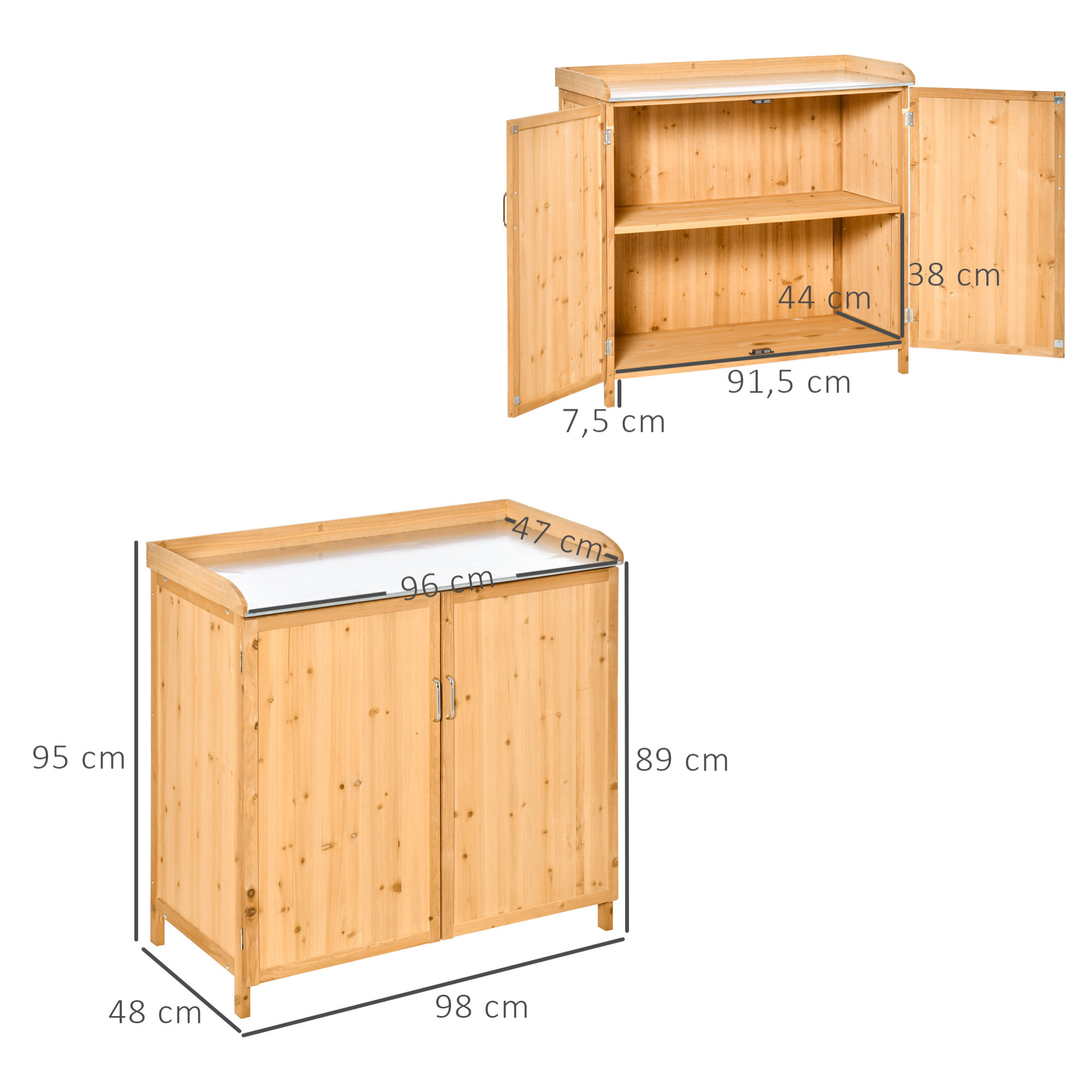 Armoire de jardin sur pied table de rempotage 2 en 1 - double porte, étagère, plateau tôle acier galvanisé - bois de cèdre pré-huilé