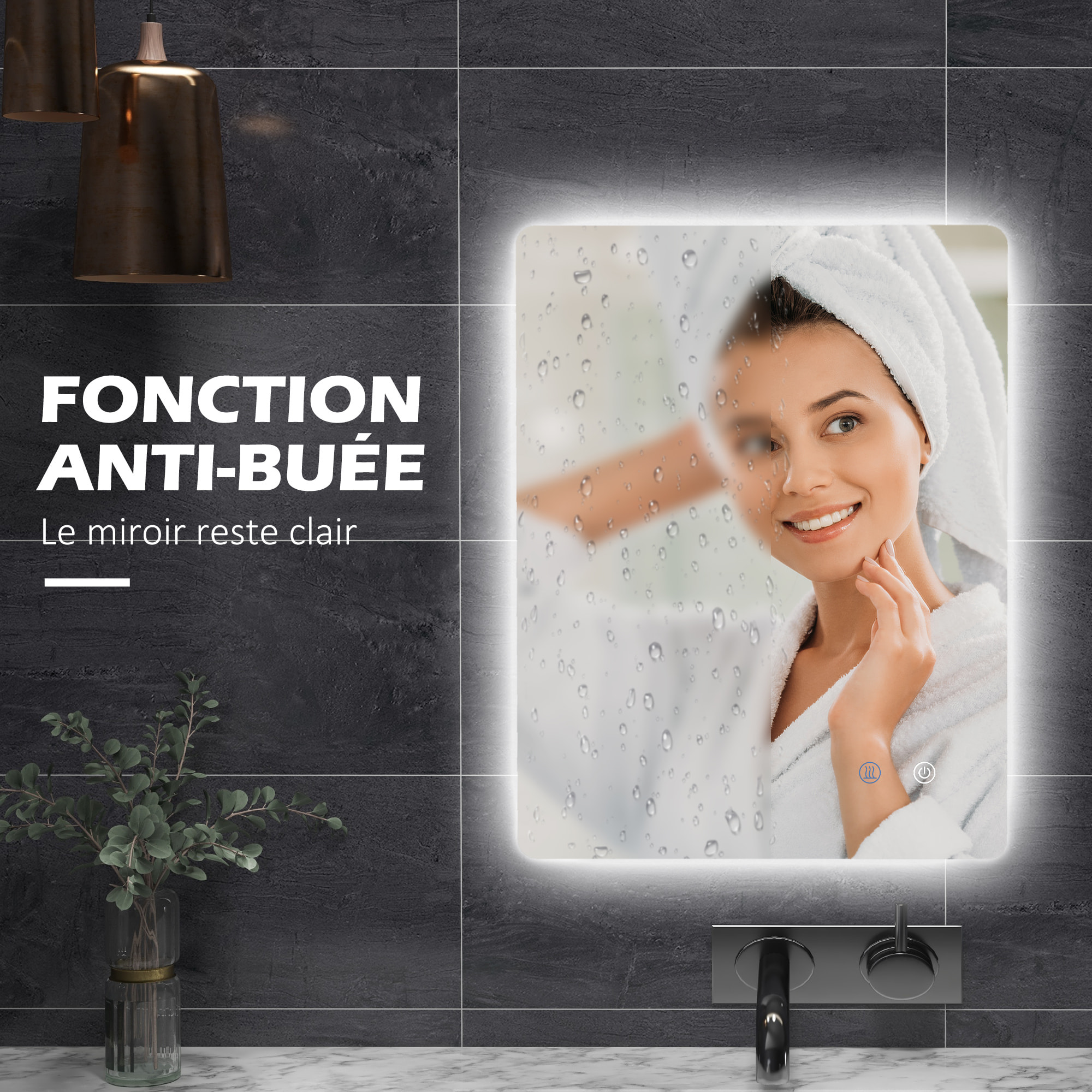 Miroir rectangulaire mural lumineux LED de salle de bain - 80 x 60 cm - 3 couleurs, luminosité réglable interrupteur tactile système antibuée blanc transparent