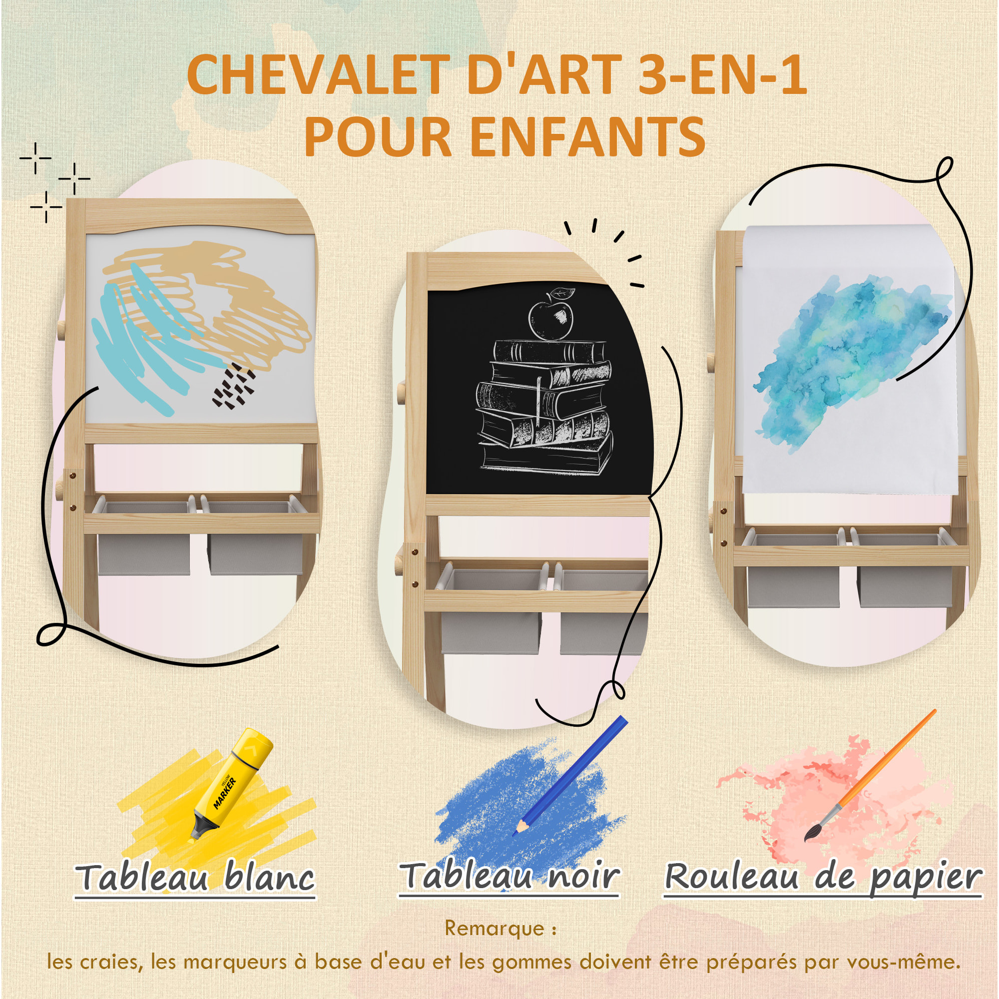 Tableau enfant - chevalet enfant - ardoise double face - tableau blanc tableau à craie - rouleau papier, 2 paniers rangement - MDF pin