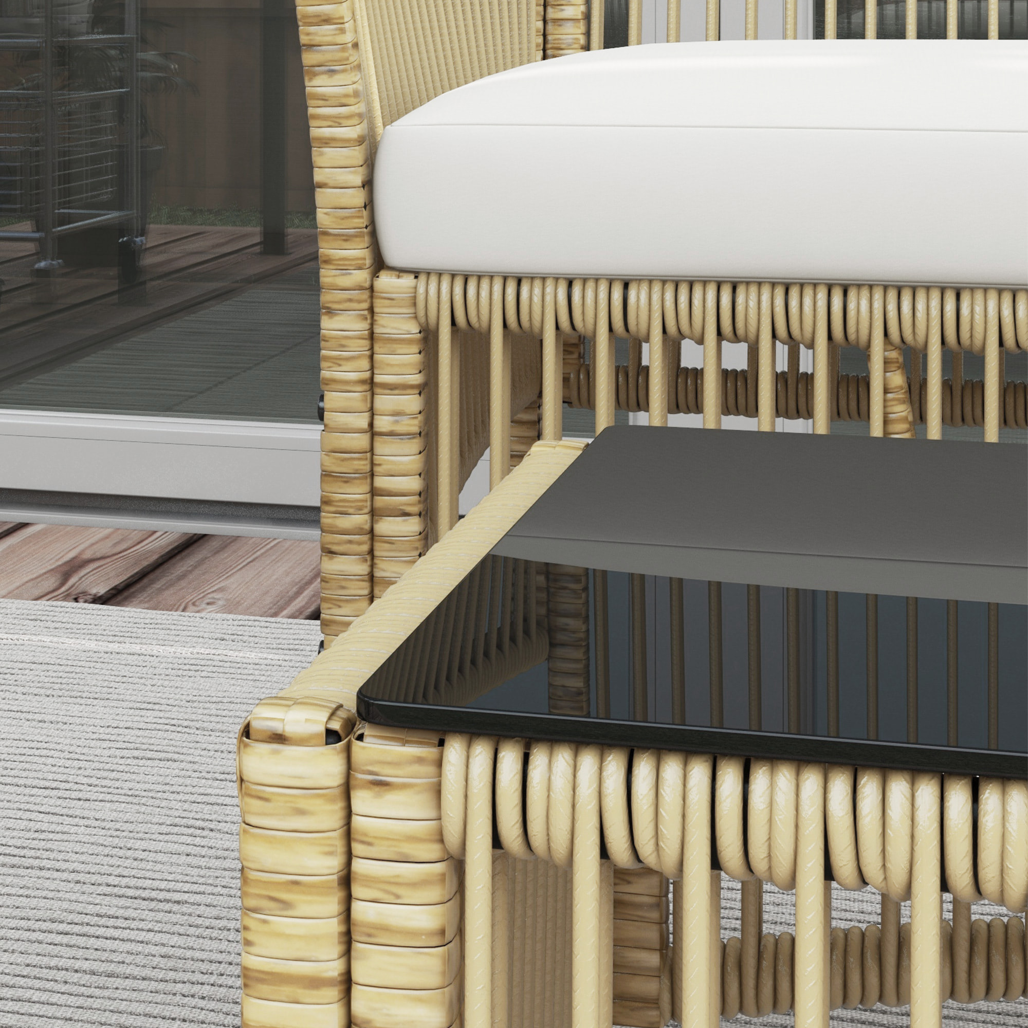 Conjunto Jardín Exterior de Ratán, Muebles Jardín Exterior para 4 Piezas, Muebles Terraza con 1 Sofá de 2 Plazas, 2 Sillones, Cojines y 1 Mesa de Tablero de Vidrio, para Patio Natural