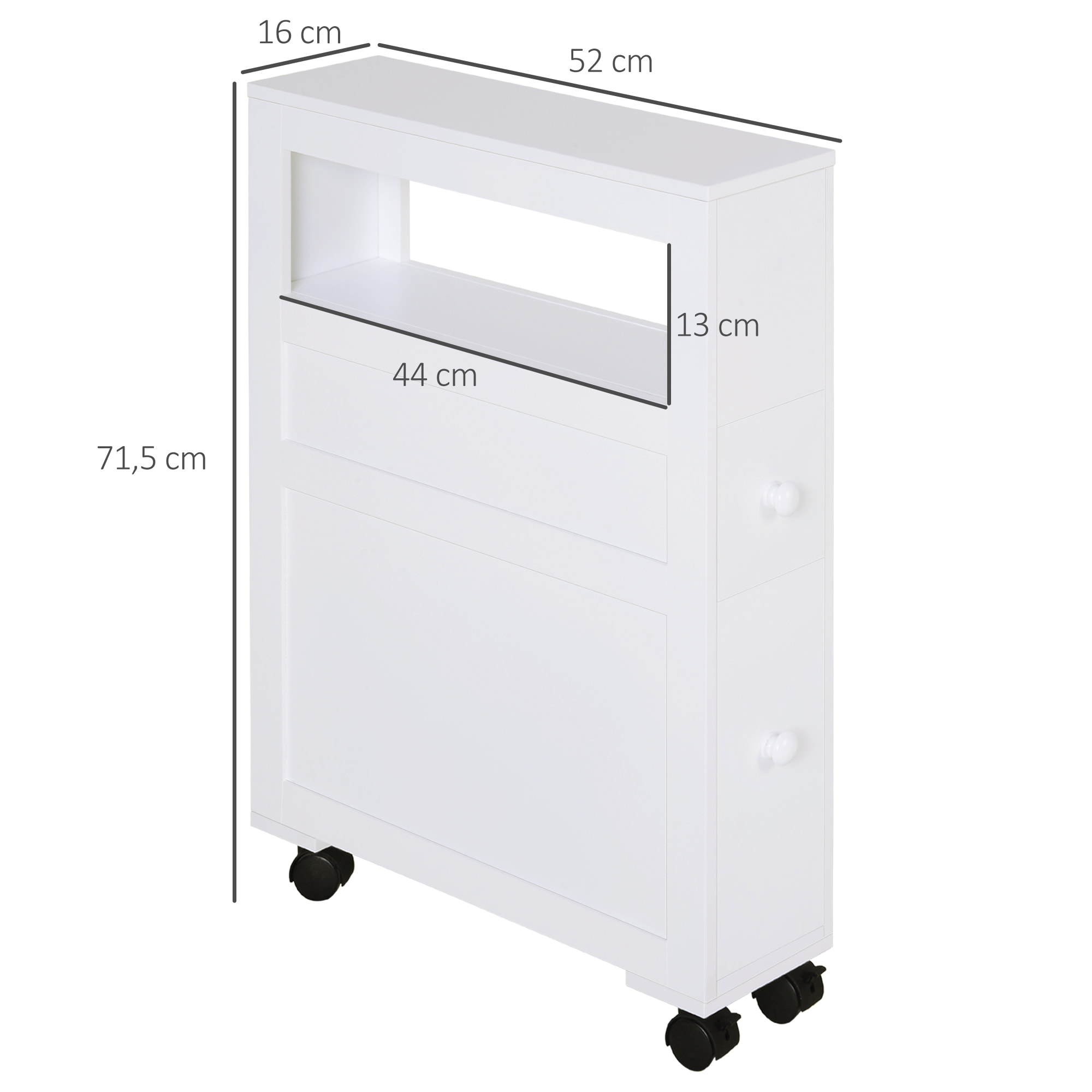 Armario de Baño con Ruedas Mueble de Baño Estrecho con 2 Cajones y Estante de Almacenamiento Carga 20 kg 16x52x71,5 cm Blanco