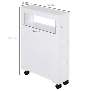 Armario de Baño con Ruedas Mueble de Baño Estrecho con 2 Cajones y Estante de Almacenamiento Carga 20 kg 16x52x71,5 cm Blanco