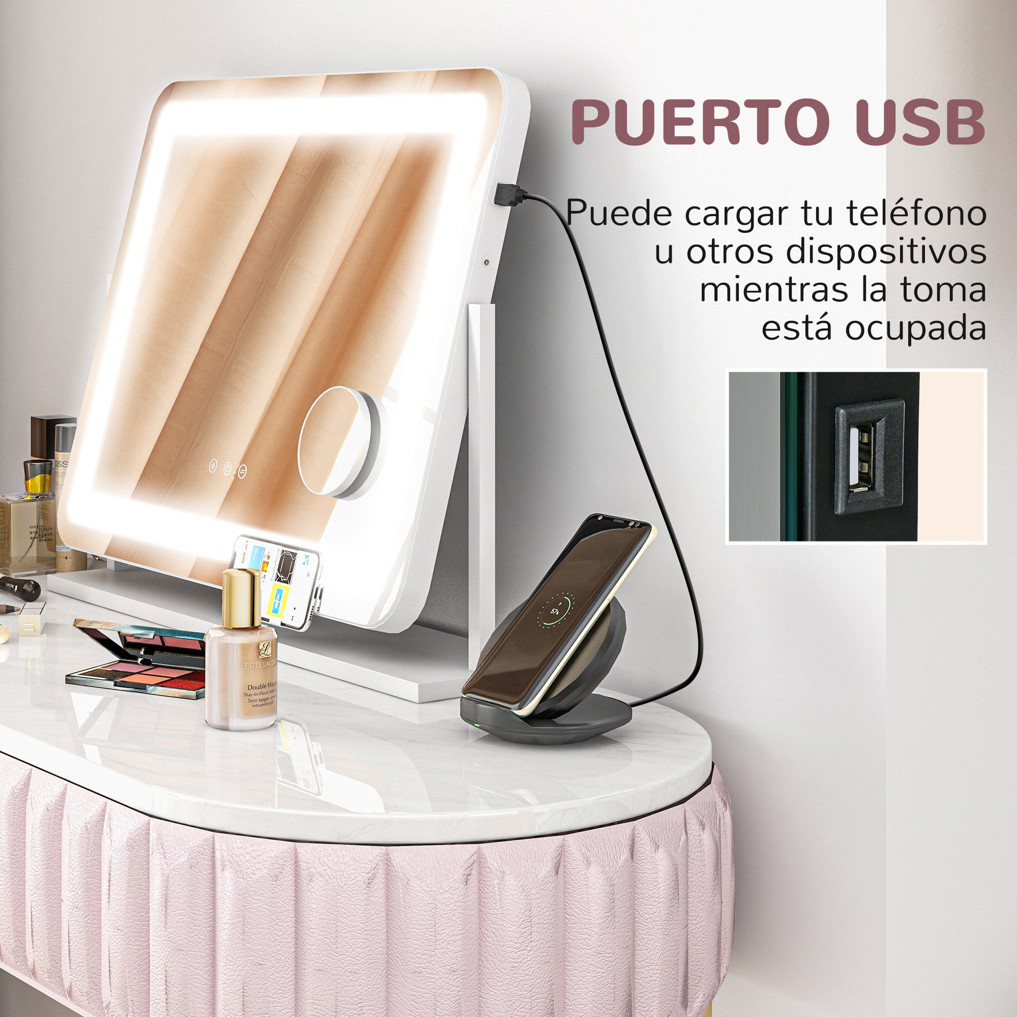 Espejo de Maquillaje con Luz Espejo de Tocador Giratorio 58x46 cm con 3 Modos de Iluminación Ajustables Interruptor Táctil Espejo de Aumento Soporte para Teléfono y Puerto USB Blanco