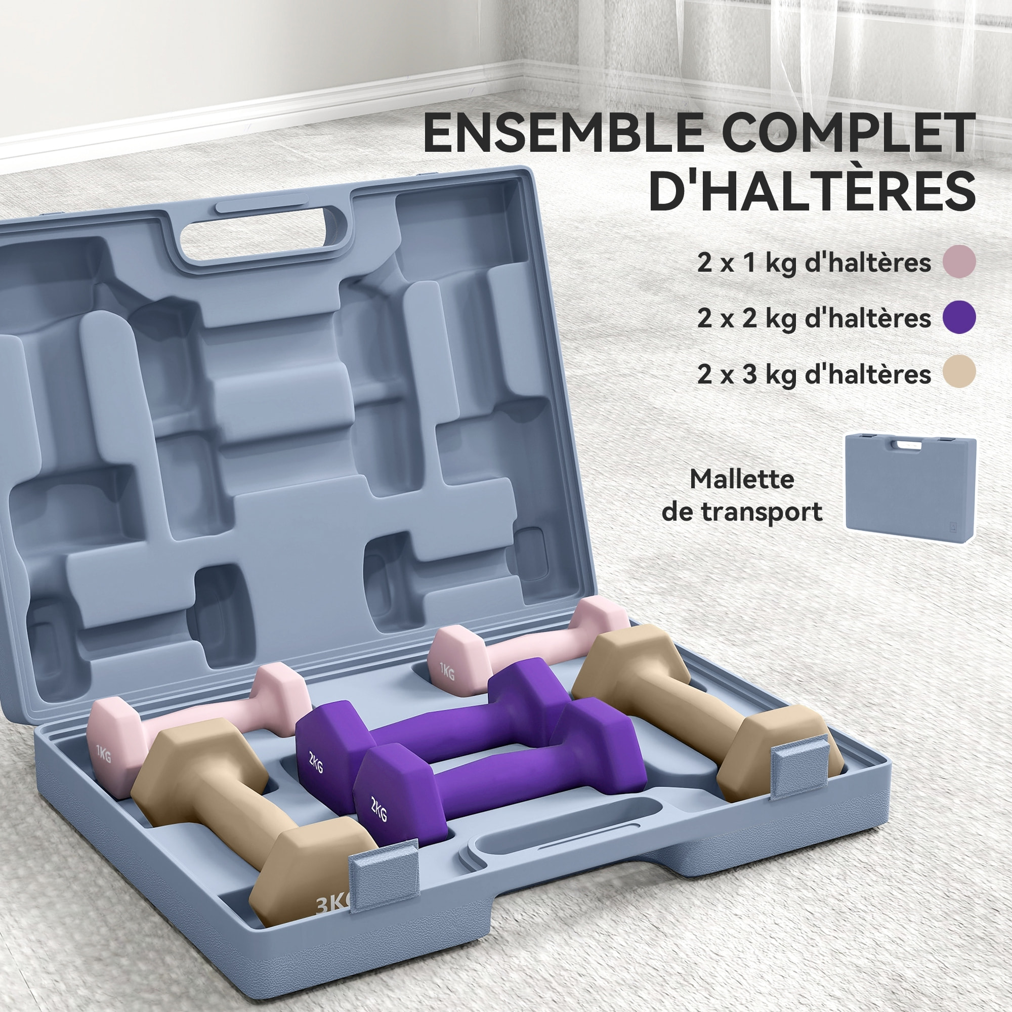 Ensemble d'haltères hexagonales total 12 Kg 6 pièces 1-3 Kg avec mallette multicolore