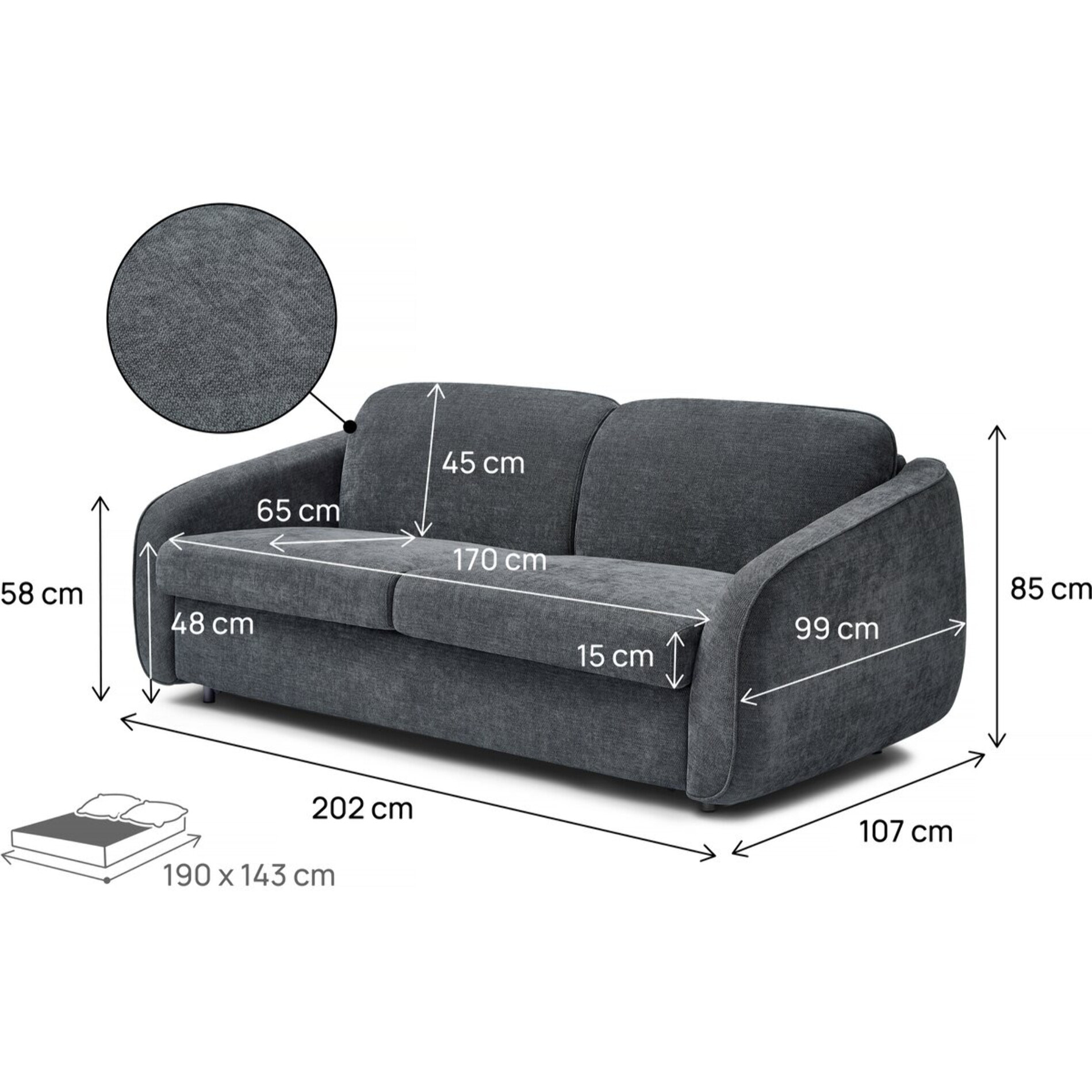 Canapé lit convertible express en tissu texturé "Laurie" - 202 x 107 x 85 cm