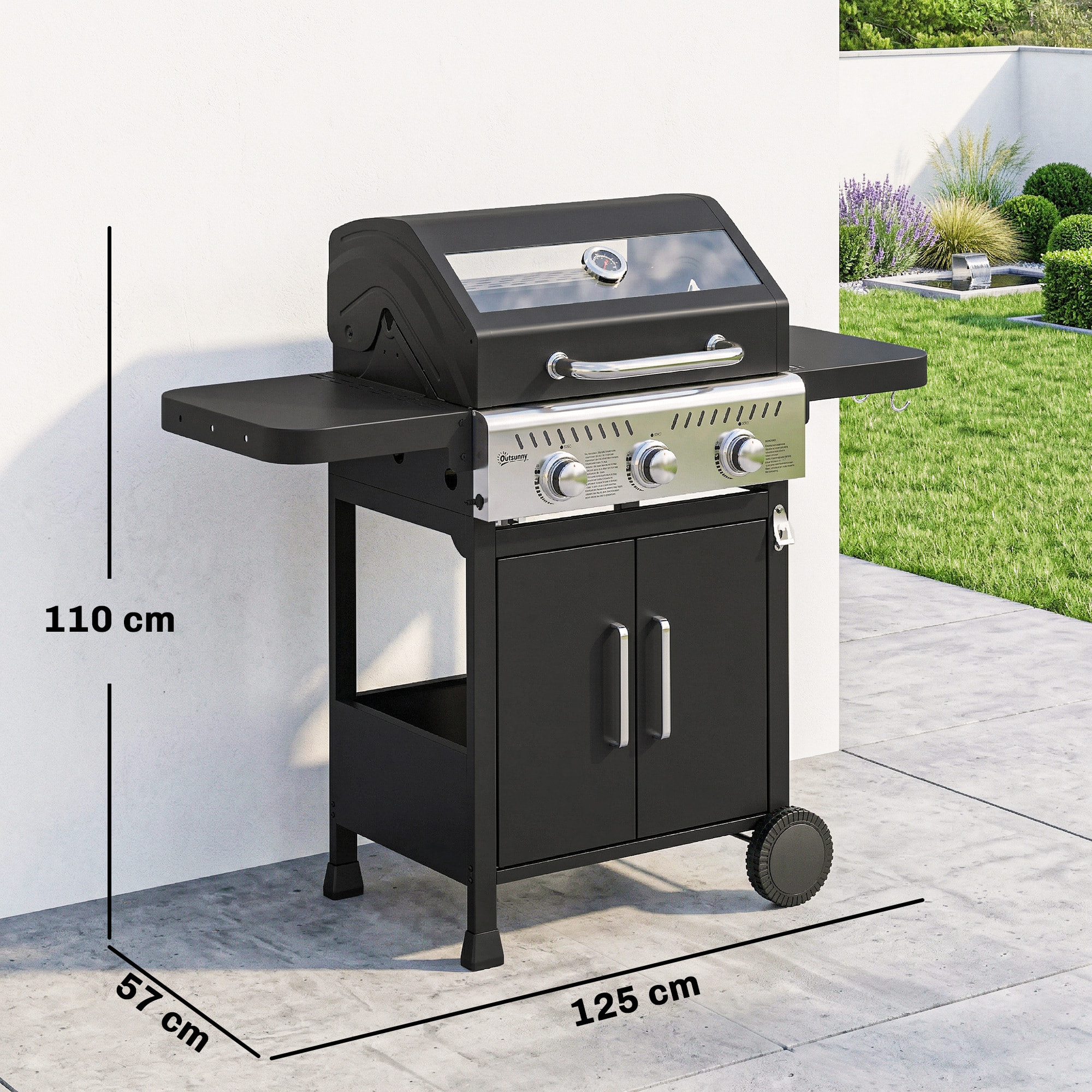 Barbacoa de Gas BBQ Gas Portátil con 3 Quemadores 7,5 kW Termómetro Mesas Laterales Plegables Armario Rejilla Calentadora Parrilla Plancha Tapa con Ventana Recogedor y Recipiente Grasa Ruedas