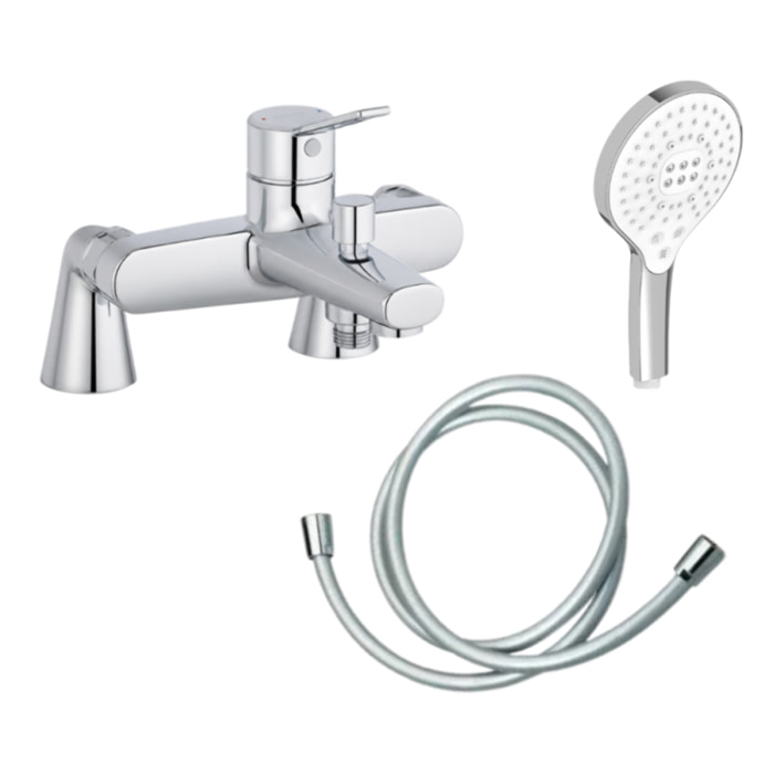 Mitigeur baignoire Eo + pommeau de douche Metro signature + flexible de douche lisse + colonnettes