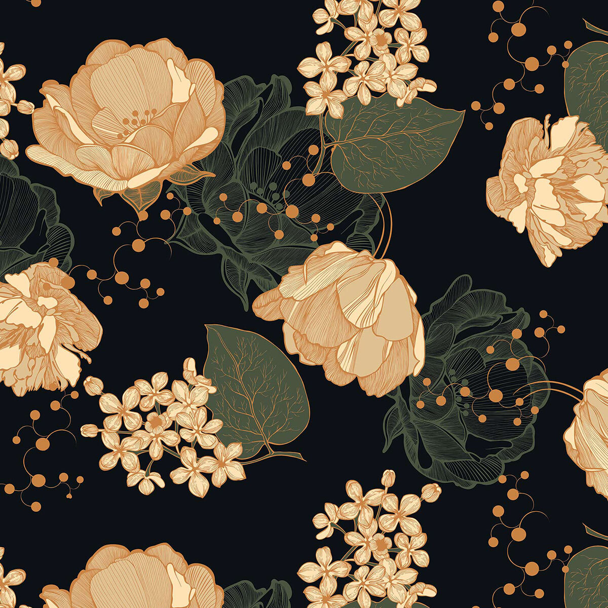 Papier peint, black floral Noir