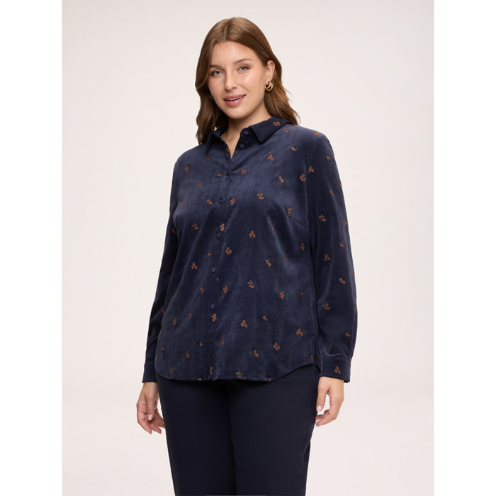 Fiorella Rubino - Camicia in velluto a coste con ricami floreali - Blu