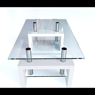 Tavolino Basso Rettangolare Salotto In Vetro E Legno MDF Soggiorno Salone Sala Pranzo Tavolo Caffè Ripiano Moderno Elegante Bianco 100 x 60 x 45 cm