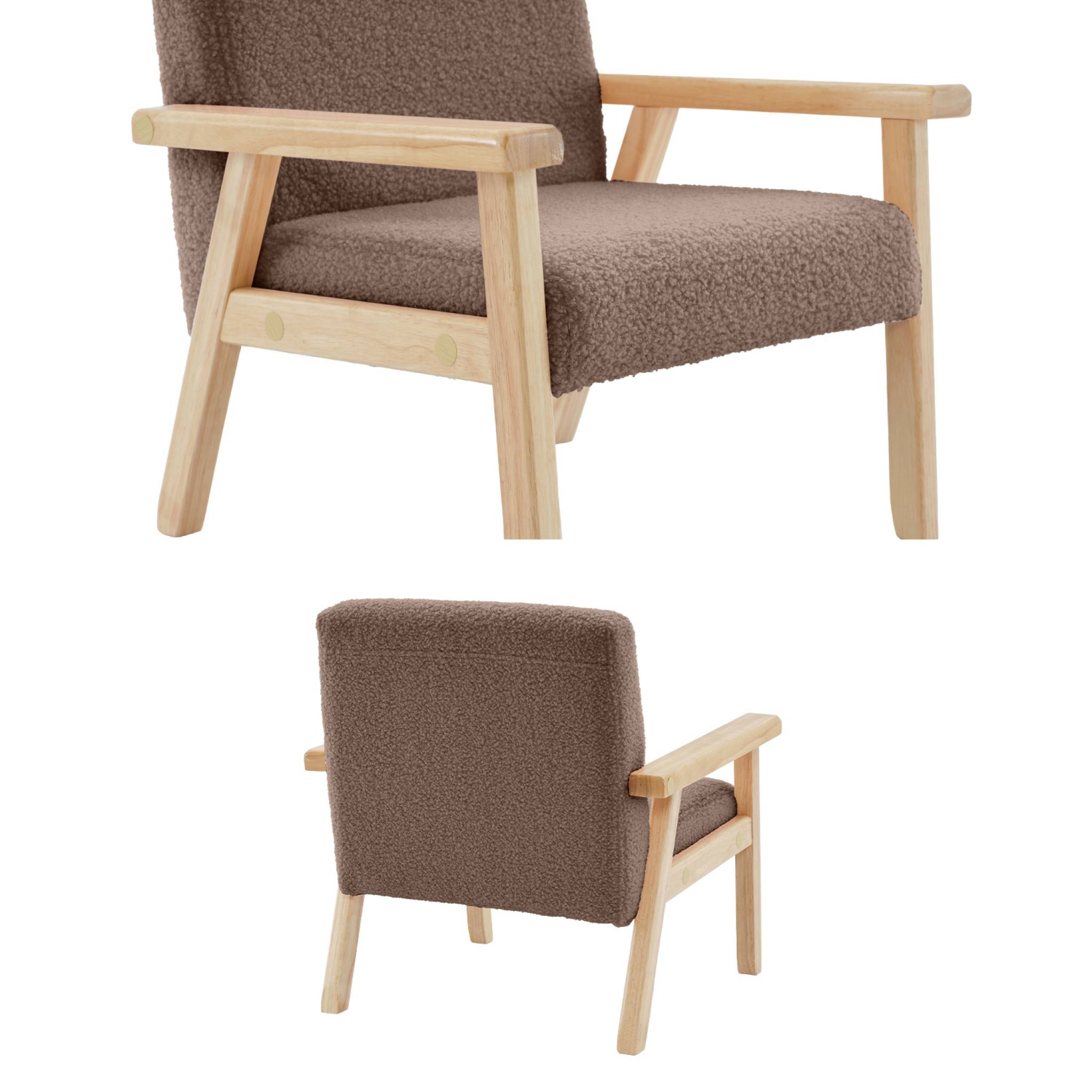 Fauteuil enfant en bois et tissu bouclette taupe. ISAK L 47 x P 43.5 x H 50cm
