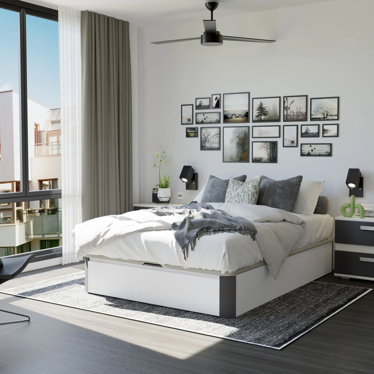 Canapé con cajón frontal en blanco y grafito 135x190 cm Luxury Max 3D Blanco - Grafito