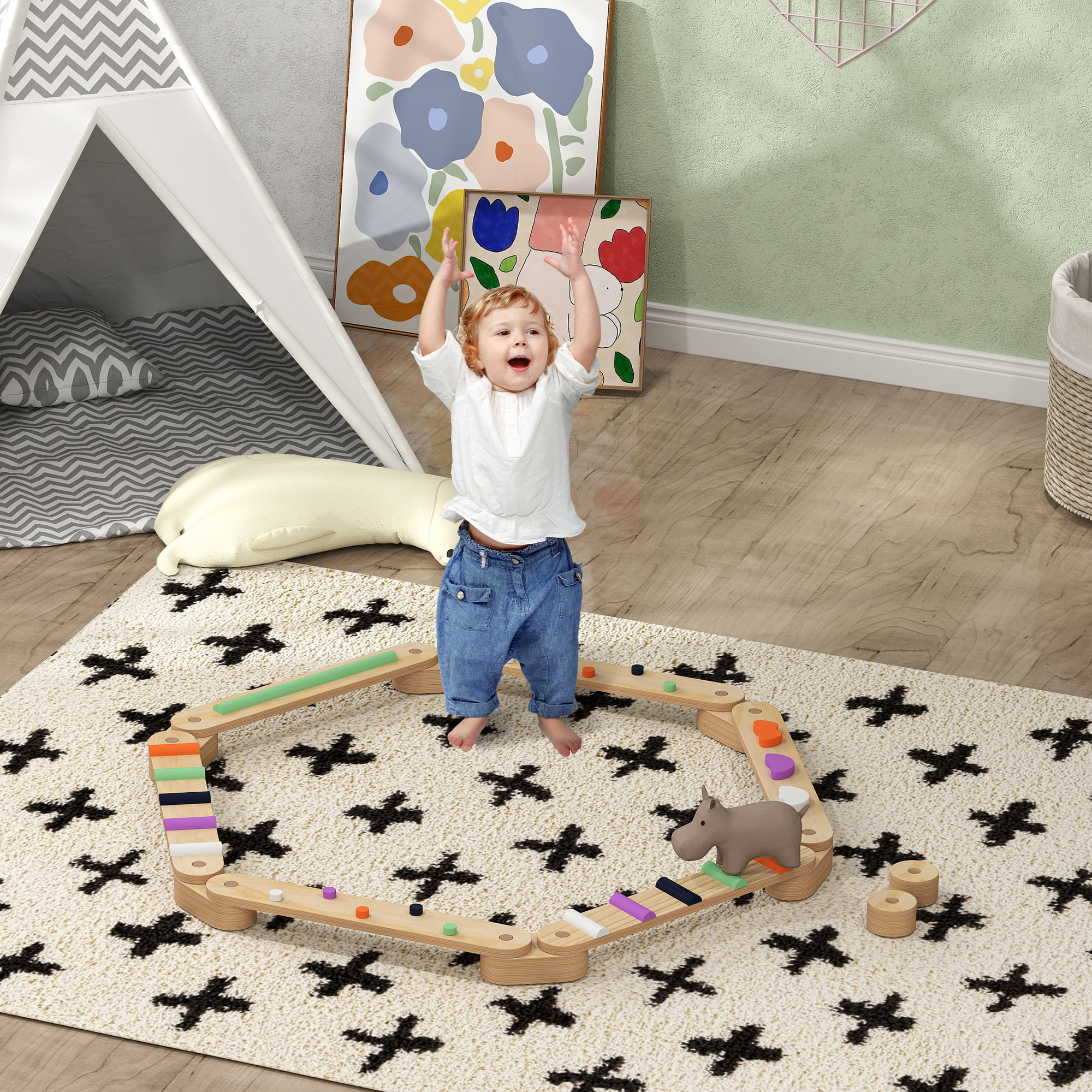 Juego de Viga de Equilibrio de Madera para Niños de +3 Años Barra de Equilibrio Infantil para Entrenamiento de Equilibrio en Interiores y Exteriores Multicolor