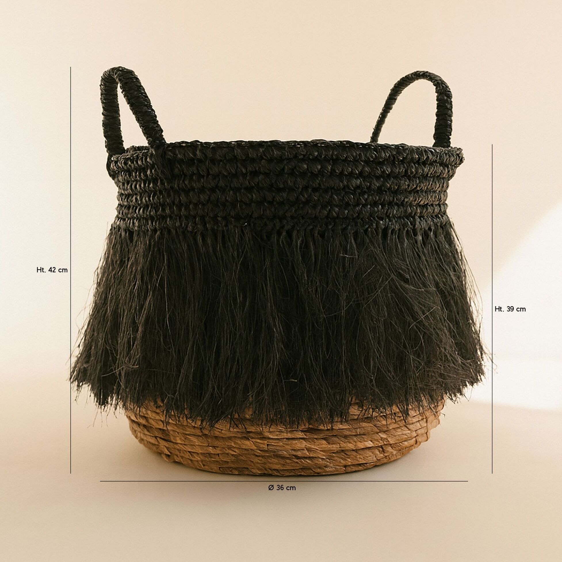Panier à franges en raphia noir avec anses 36cm TYM