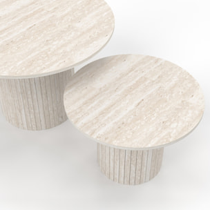 Tables basses rondes gigognes Alvar effet travertin et pieds lattes - lot de 2