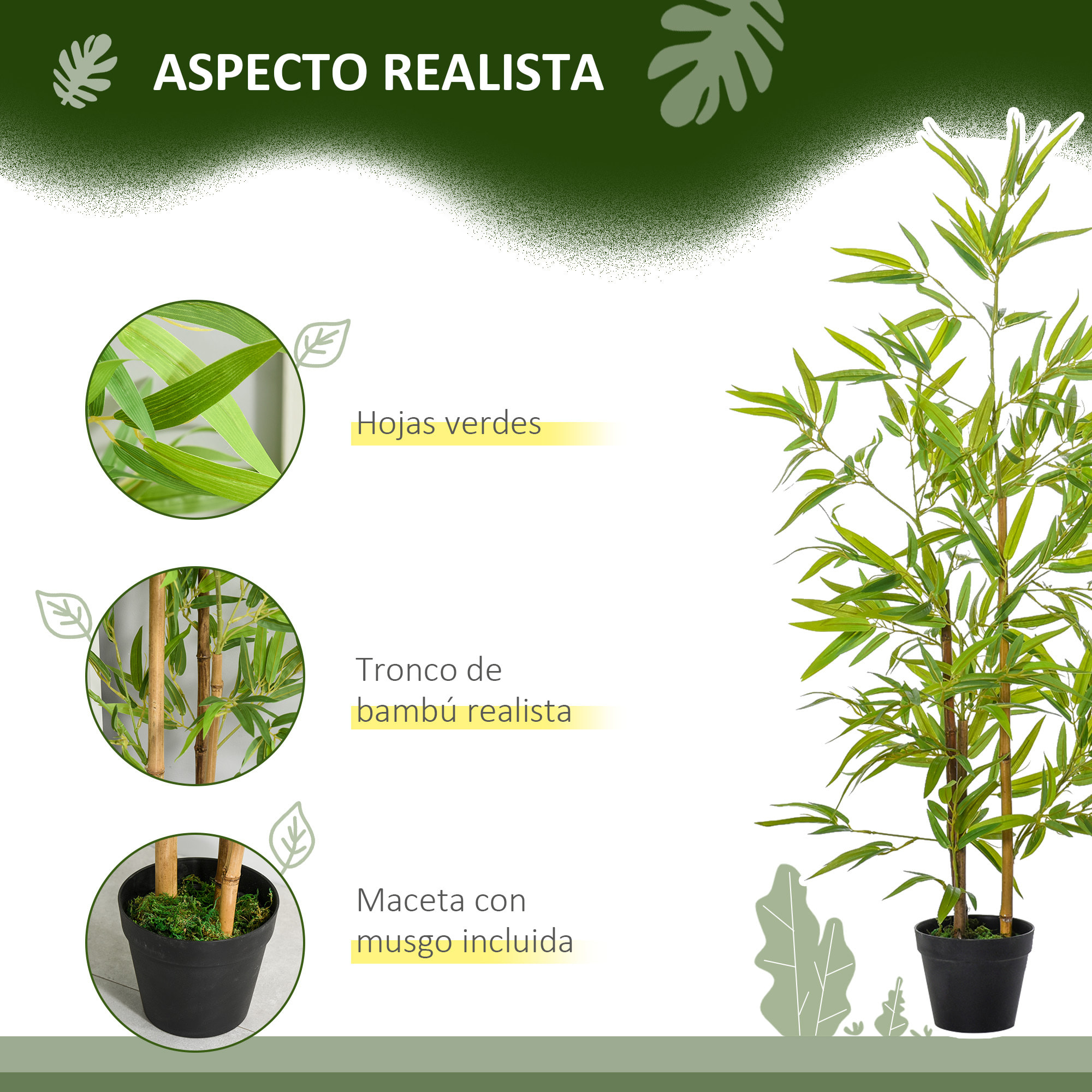 Conjunto de 2 Bambús Artificiales 120 cm Árboles Artificiales Plantas Artificiales con Maceta para Interior Exterior Hogar Salón Oficina Verde