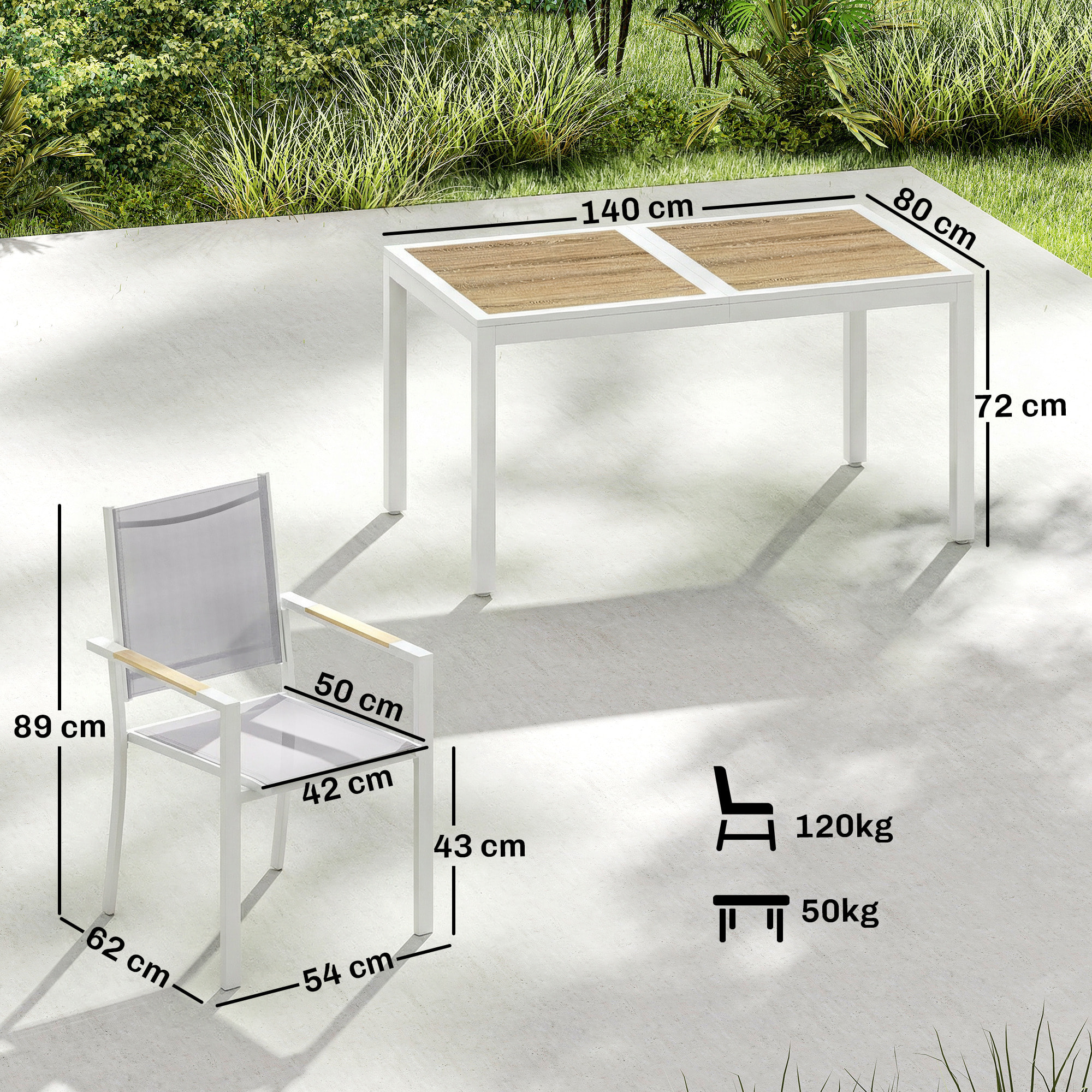 Conjunto de Mesa y Sillas Jardín de 7 Piezas, Muebles Jardín Exterior con Mesa de Plástico PSPC, 6 Sillas Apilables Transpirables, Marco de Acero Resistente a la Intemperie, Blanco