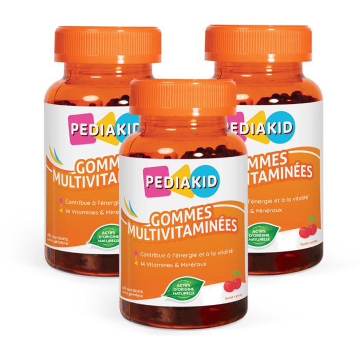 PEDIAKID - Gommes Multivitaminées - Formule Naturelle au Délicieux Arôme de Cerise - Contribue à la Réduction de la Fatigue - Soutient les Défenses Naturelles de l'Organisme - Lot de 3 piluliers