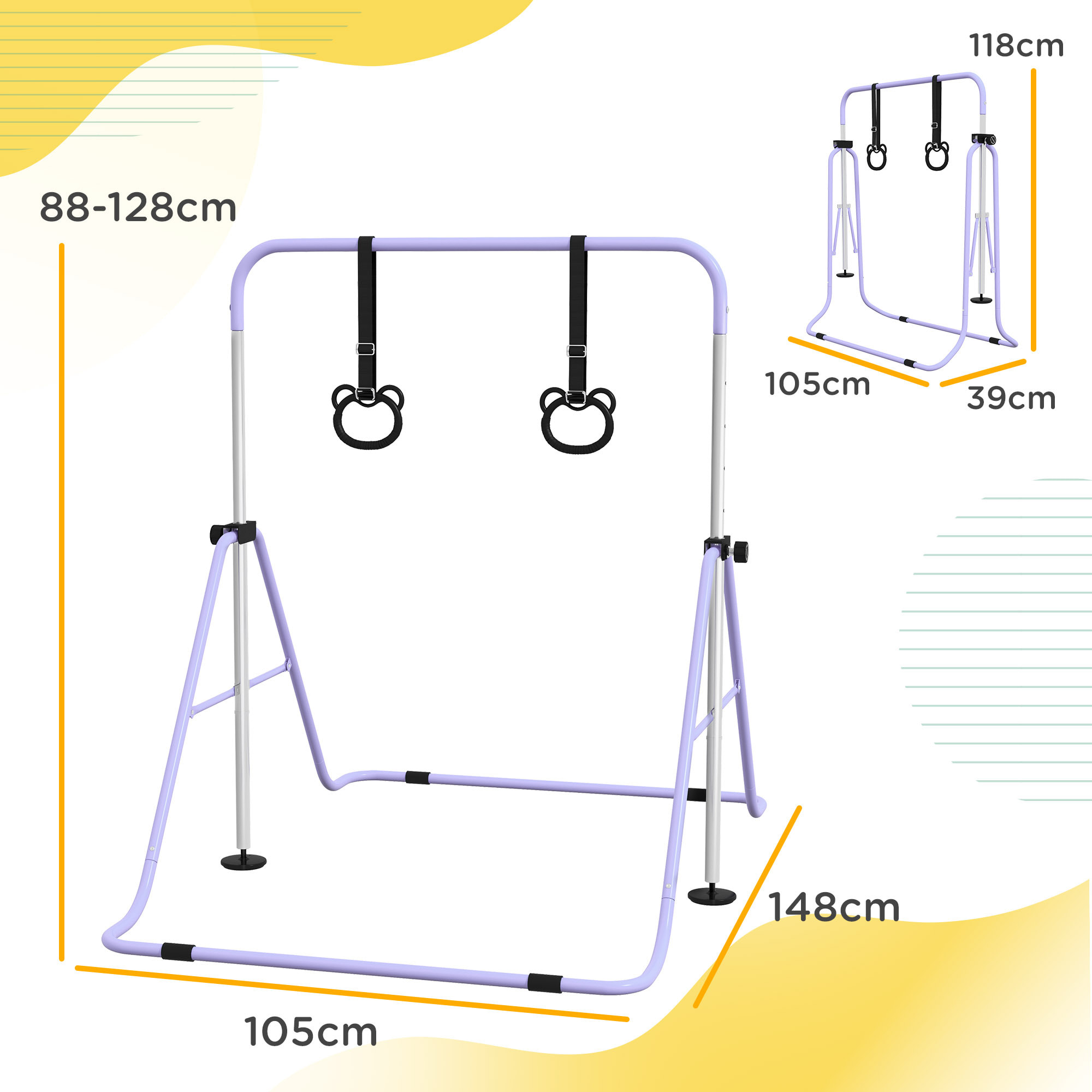 Barra de Gimnasia para Niños con Altura Ajustable en 5 Niveles y Anillos, Barra de Entrenamiento de Gimnasia Plegable en Casa, Púrpura