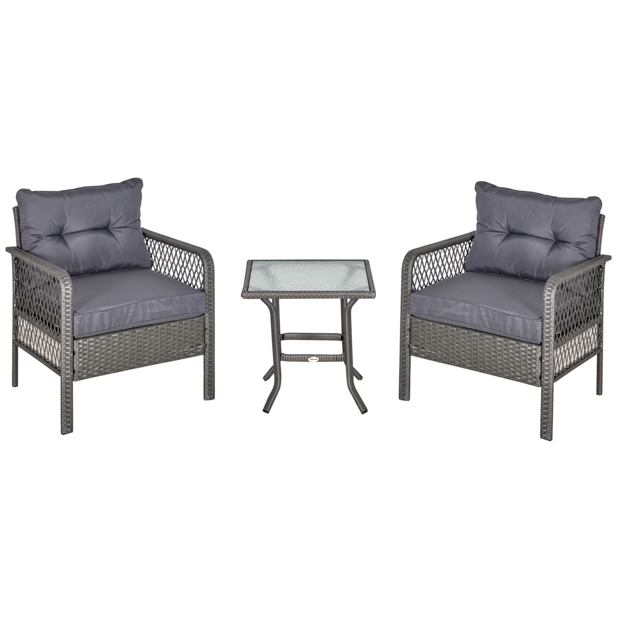 Conjunto de Muebles de Ratán Jardín 2 Sillones y 1 Mesa de Vidrio Templado Gris