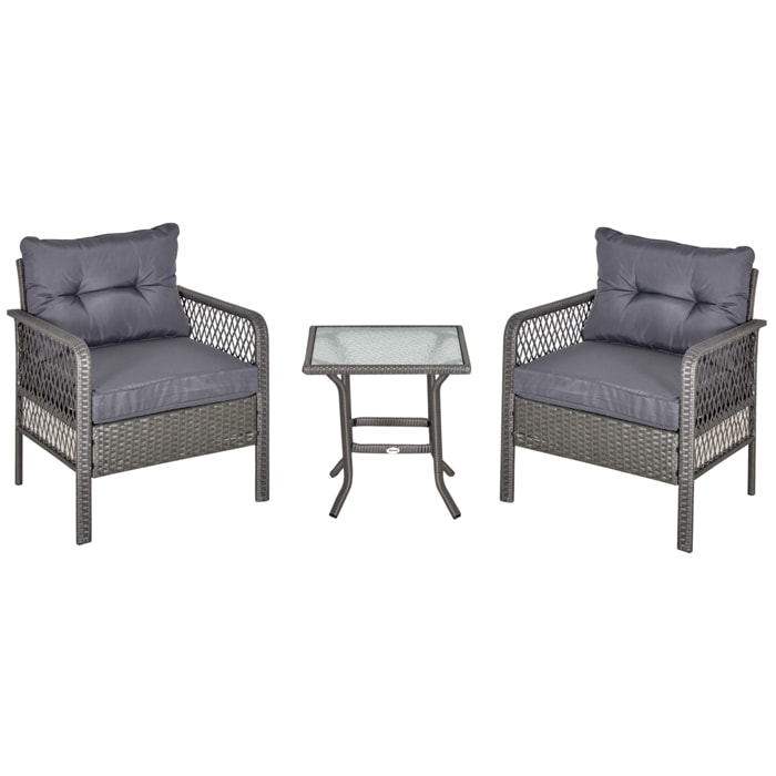 Conjunto de Muebles de Ratán Jardín 2 Sillones y 1 Mesa de Vidrio Templado Gris