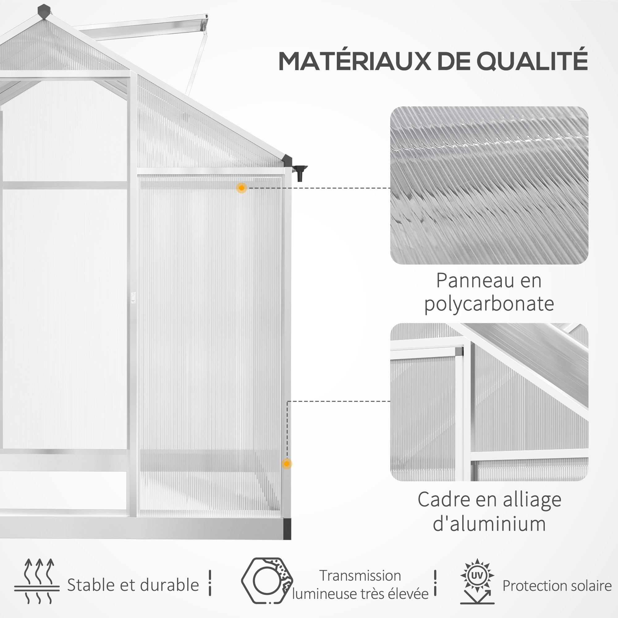 Serre de jardin aluminium polycarbonate 4,6 m² dim. 2,42L x 1,9l x 1,95H m fondation lucarne porte loquet