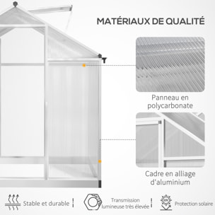 Serre de jardin aluminium polycarbonate 4,6 m² dim. 2,42L x 1,9l x 1,95H m fondation lucarne porte loquet