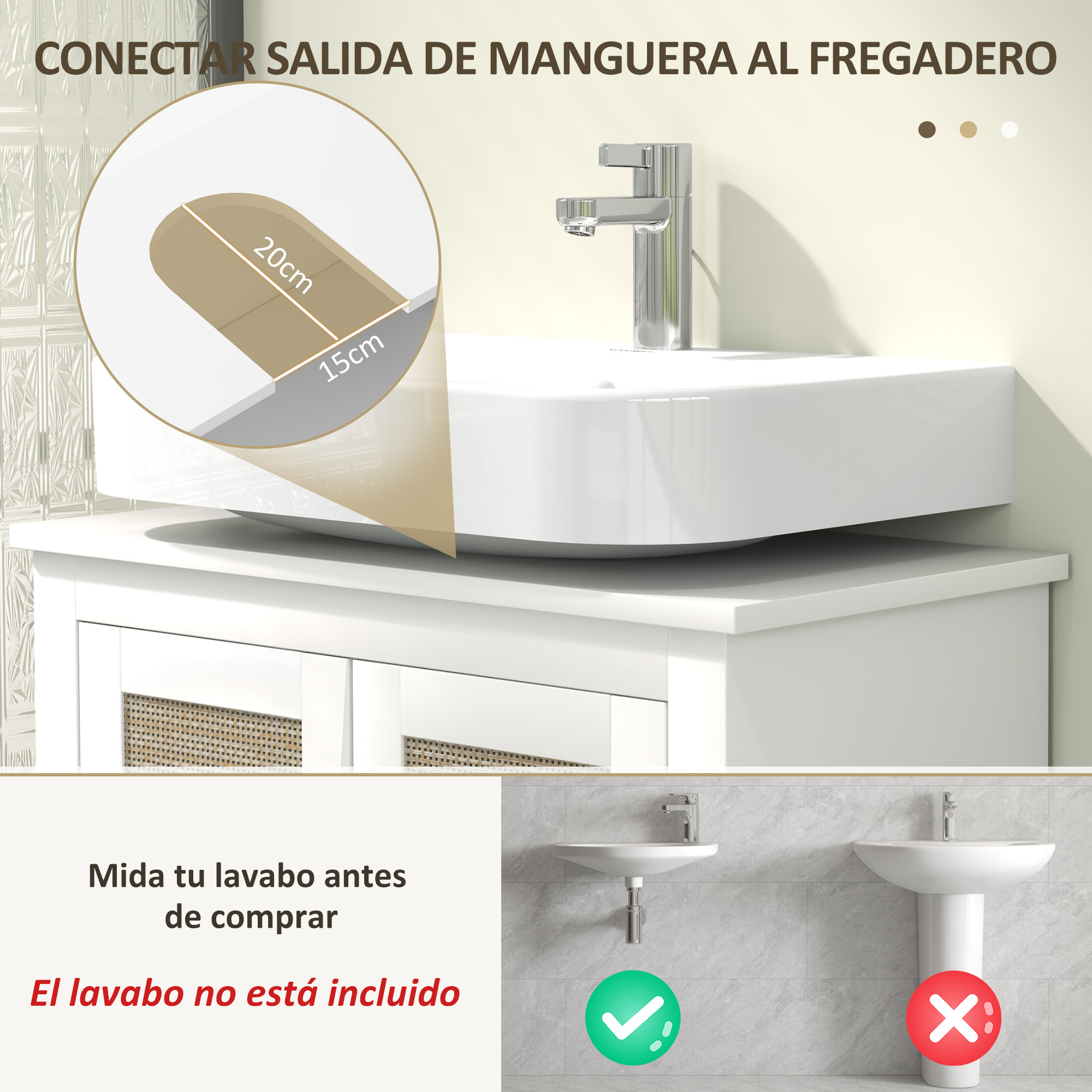 Mueble para Debajo del Lavabo Armario de Baño con Pie con 2 Puertas de Ratán PE 2 Estantes y Sistema Antivuelco para Cuarto Baño 60x30x60 cm Blanco
