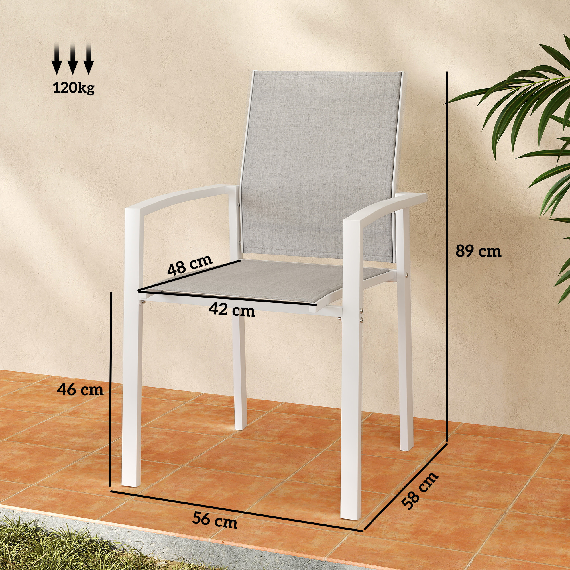Juego de 2 Sillas de Jardín Exterior Sillas Terraza Exterior Apilables Sillones de Comedor con Tela Transpirable Marco de Acero Reposabrazos y Respaldo 56x58x89 cm Gris Claro