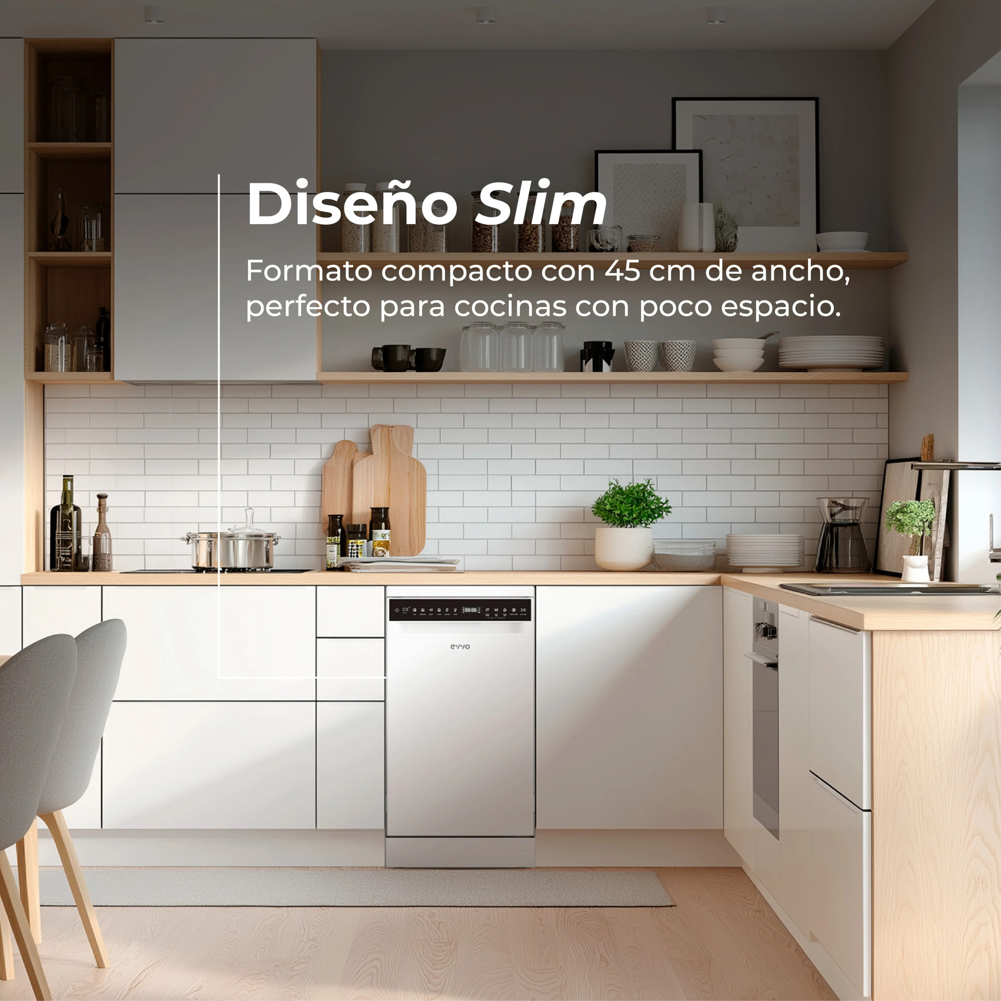LAVAVAJILLAS EVVO D3 Slim (45 cm), 10 Cubiertos, 8 Programas, Blanco, Ancho 450 mm