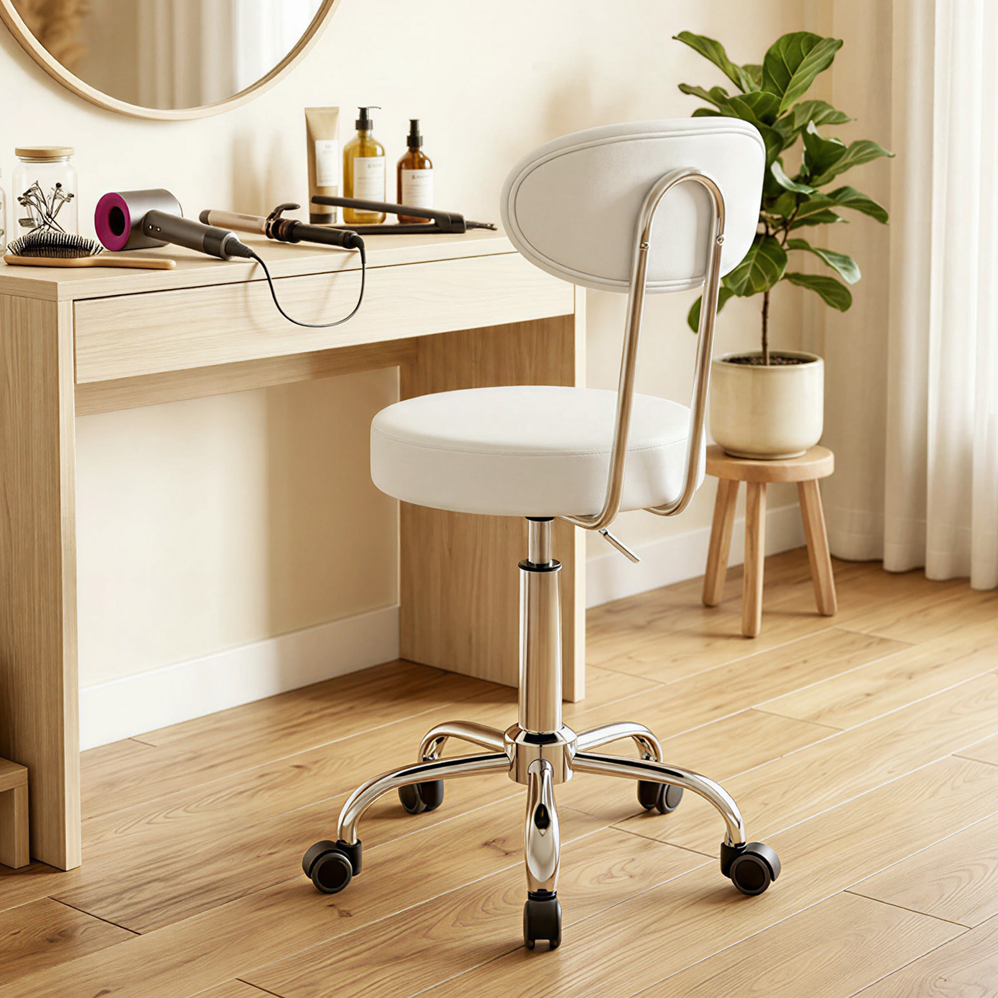 Taburete con Ruedas, Taburete Giratorio con Respaldo, Altura Regulable, Tapizado en Cuero Sintético, Asiento Acolchado, para Spa, Tatuajes, Oficina, Dormitorio, Blanco