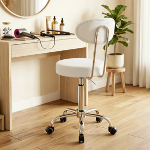Taburete con Ruedas, Taburete Giratorio con Respaldo, Altura Regulable, Tapizado en Cuero Sintético, Asiento Acolchado, para Spa, Tatuajes, Oficina, Dormitorio, Blanco