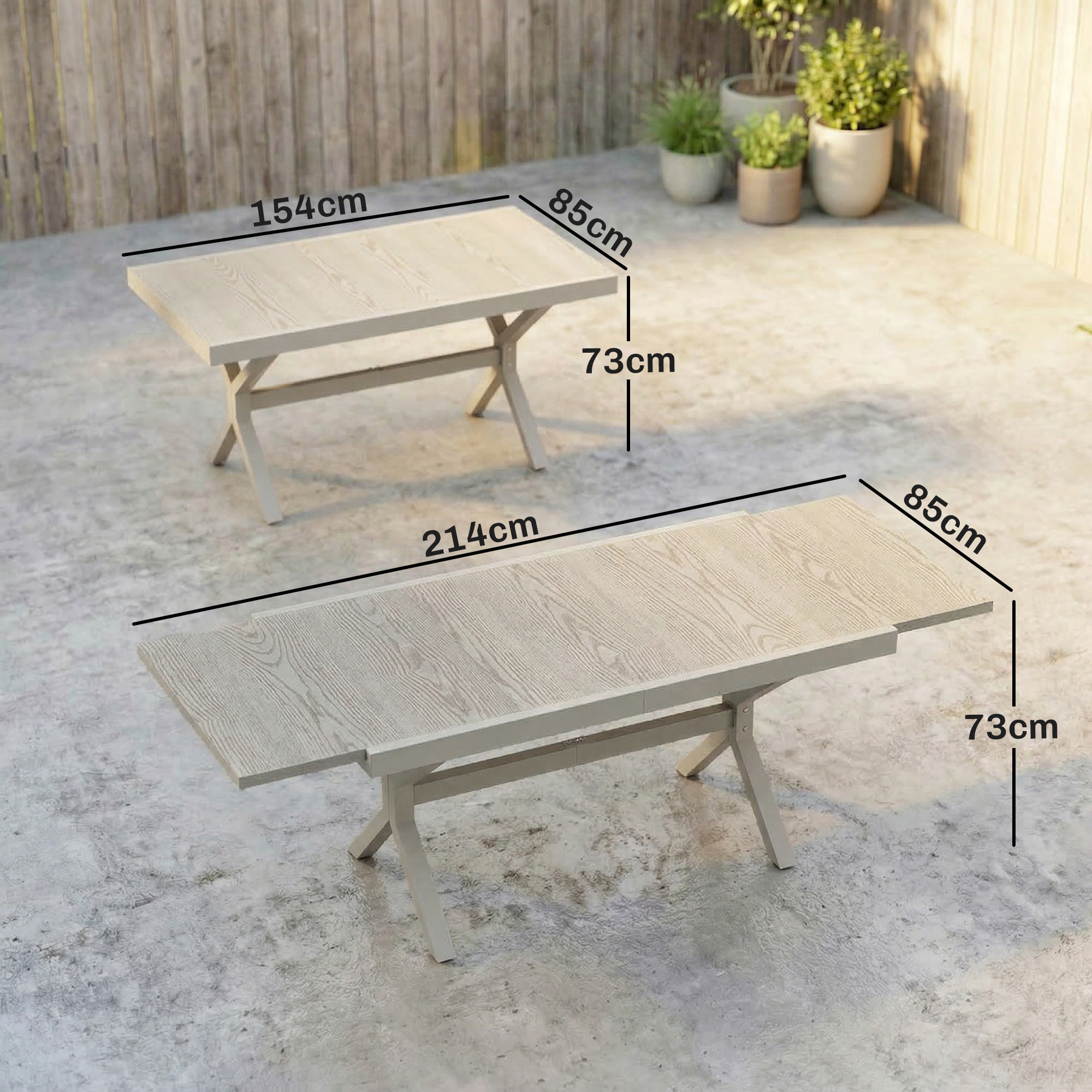 Mesa de Jardín Extensible con Superficie de Aluminio, 154/214x85 cm, Mesa de Comedor Exterior Extensible Rectangular con Imitación Madera para 8-10 Personas, para Patio, Terraza, Gris Claro