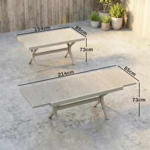 Mesa de Jardín Extensible con Superficie de Aluminio, 154/214x85 cm, Mesa de Comedor Exterior Extensible Rectangular con Imitación Madera para 8-10 Personas, para Patio, Terraza, Gris Claro