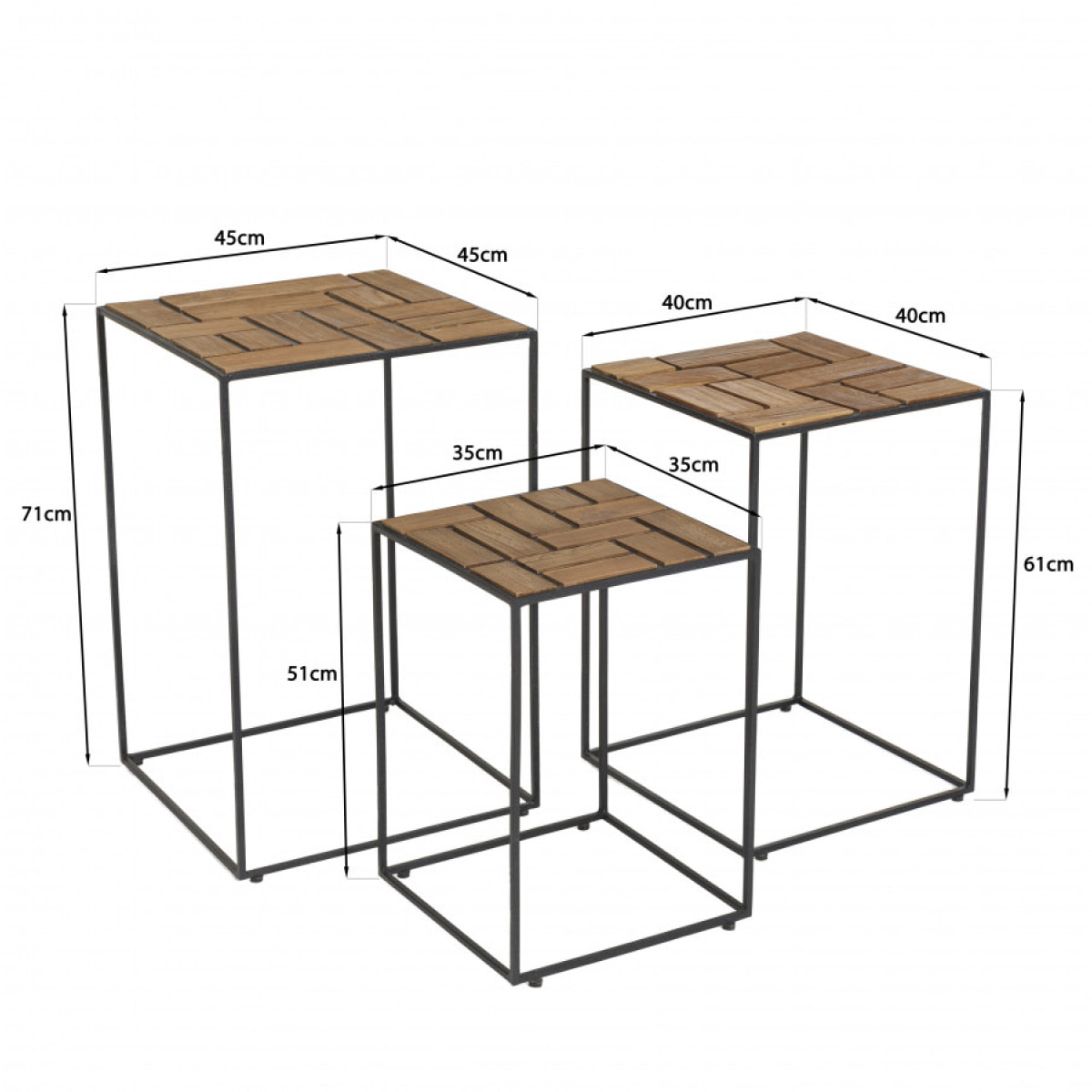 ALIDA - Set de 3 tables d'appoint gigogne plateaux bois teck recyclé structure métal noir