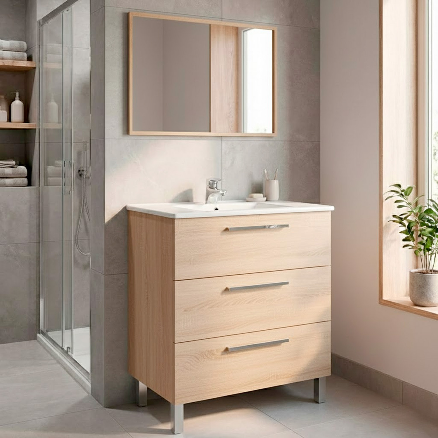 Mobile Bagno A Terra Con 3 Cassetti Lavabo In Ceramica E Specchio 77 x 50 Cm Inclusi Design Moderno Salvaspazio 80 x 45 x 86 Cm Colore Rovere Chiaro