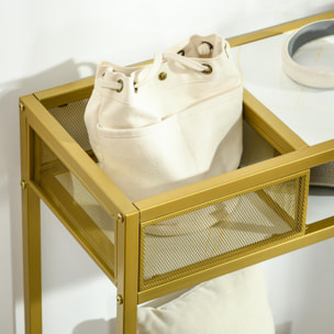 Mesa Consola Mesa de Entrada con Estante Cesta de Almacenamiento y Marco de Acero Mueble Recibidor para Salón Pasillo Carga 50 kg 100x30x80 cm Oro y Blanco