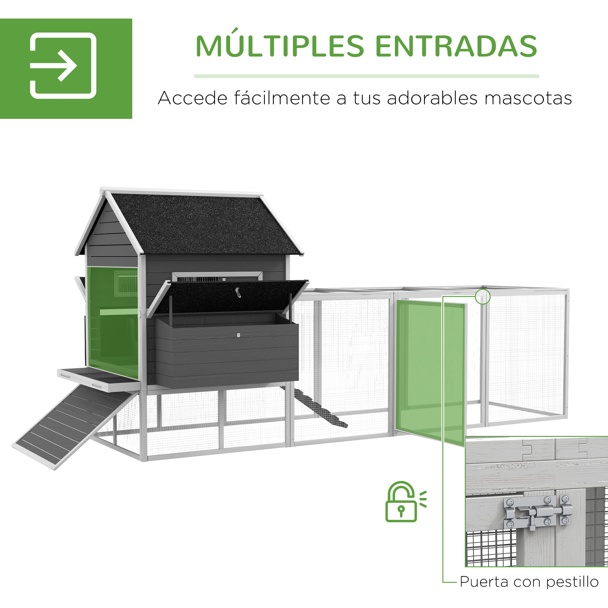 Gallinero para Exterior Gallinero de Madera Jaula Grande para 8-10 Gallinas con 2 Ponederos Techo Asfáltico Bandeja Extraíble y Rampa 347x160x150 cm Gris y Blanco