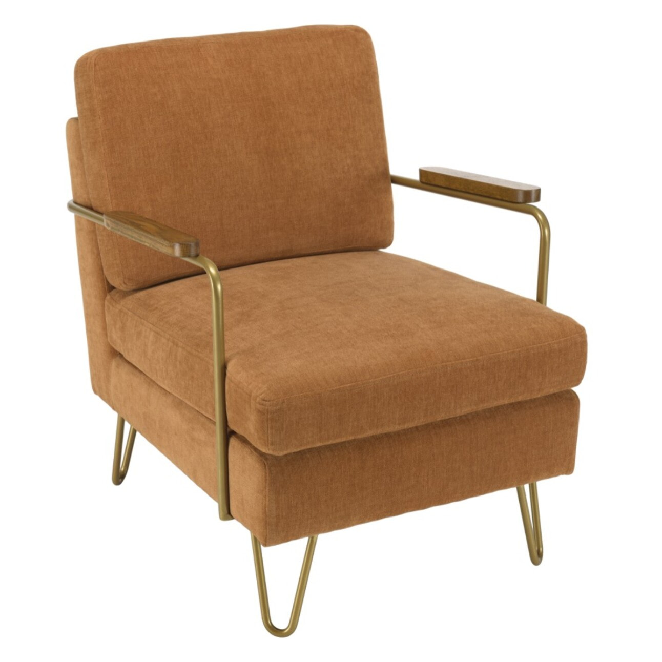 AGATHE - Fauteuil lounge tissu orange métal doré accoudoirs bois