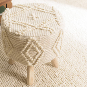 SACHA - Tabouret rond 40x40cm laine motifs losanges ivoire pieds bois