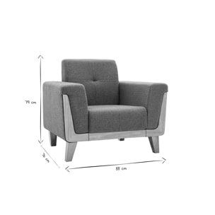 Fauteuil scandinave en tissu vert de gris et bois clair FJORD