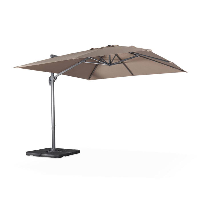 Parasol déporté carré taupe 3x3m structure grise + Lot de 4 dalles à lester 50x50cm