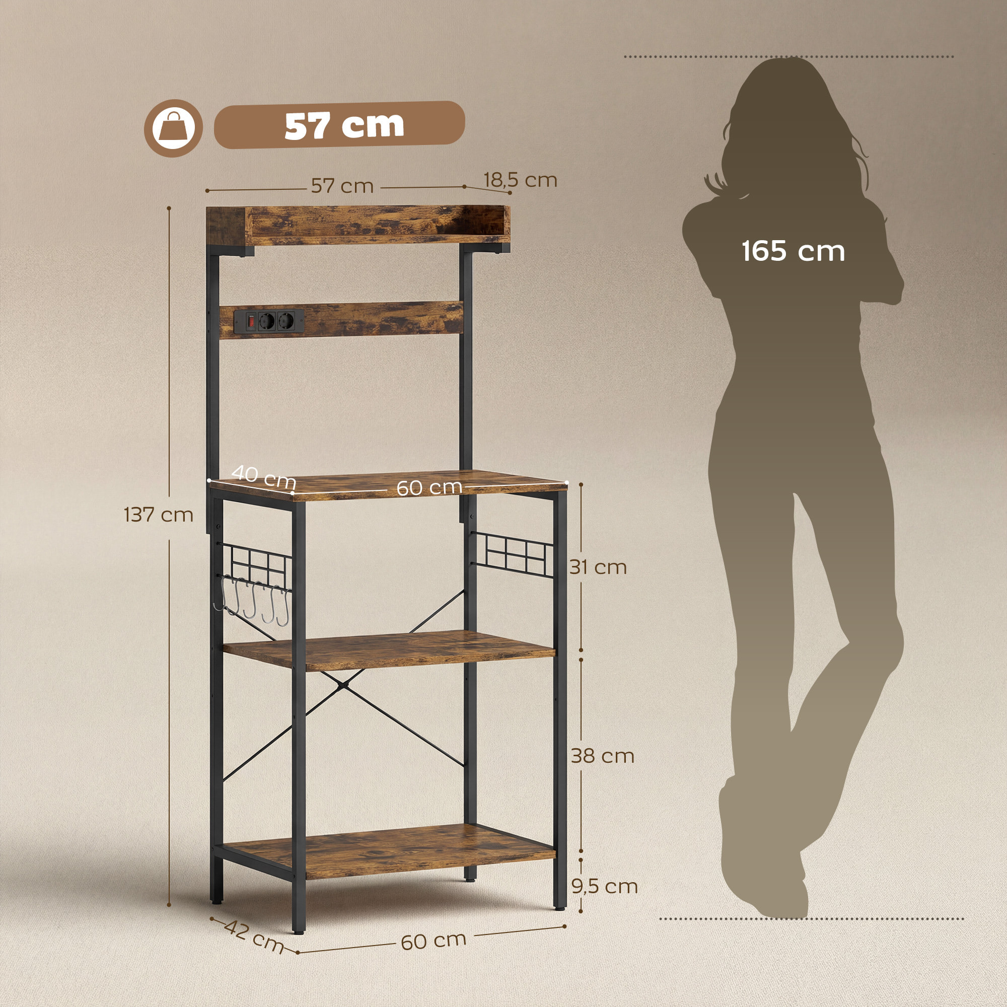 Estantería de Cocina con 2 Tomacorrientes, Estantería de Panadería Industrial con Estación de Café, Estante para Microondas, Estante Ajustable, Ganchos, 60x42x137 cm, Marrón Rústico y Negro