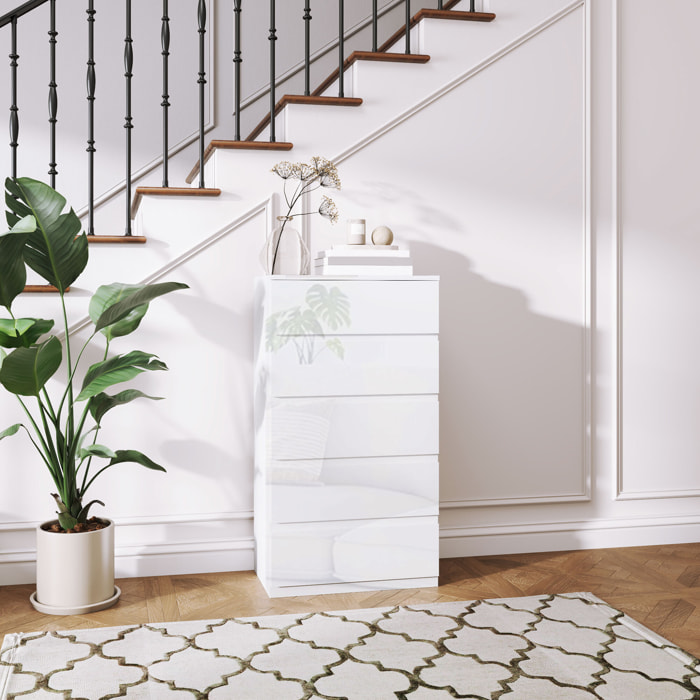 Cómoda con 5 Cajones Cómoda de Dormitorio Moderno con Diseño Anti-vuelco Cajonera para Salón Pasillo 55x33x100 cm Blanco Brillante