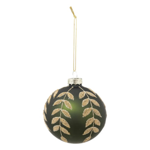 Boule de noël vert avec feuilles dorées en verre 80mm