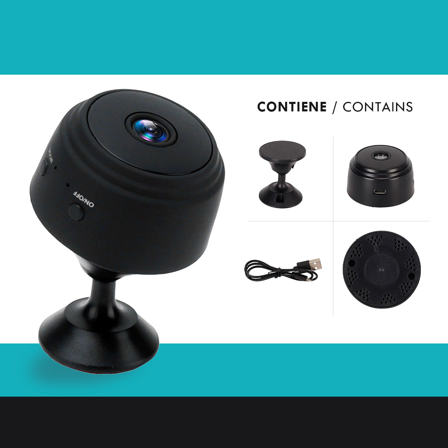 Mini cámara de vigilancia inalámbrica. Permite vigilancia con audio en tiempo real, transmisión 1080 Full HD, grabación de videos, fotos y visión nocturna.