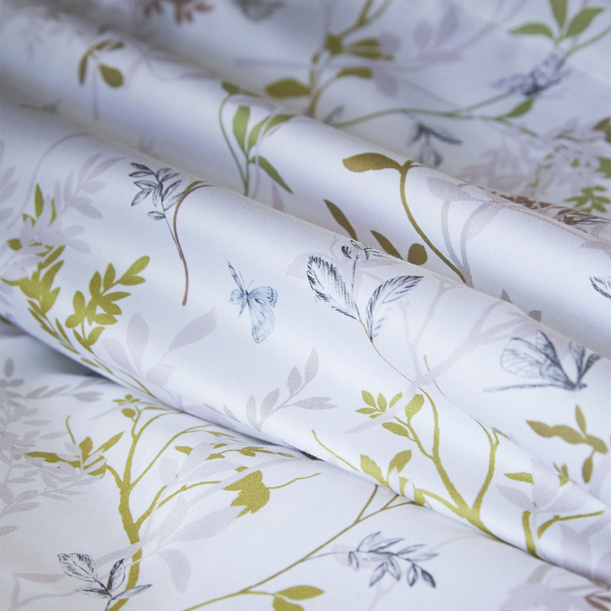Drap plat imprimé en satin de coton bio, JARDIN DES SENS, Blanc Hermine